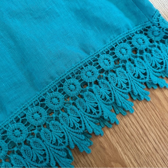 100% linen Italian made size medium turquoise short sleeve scallop lace blouse - Picture 4 of 7